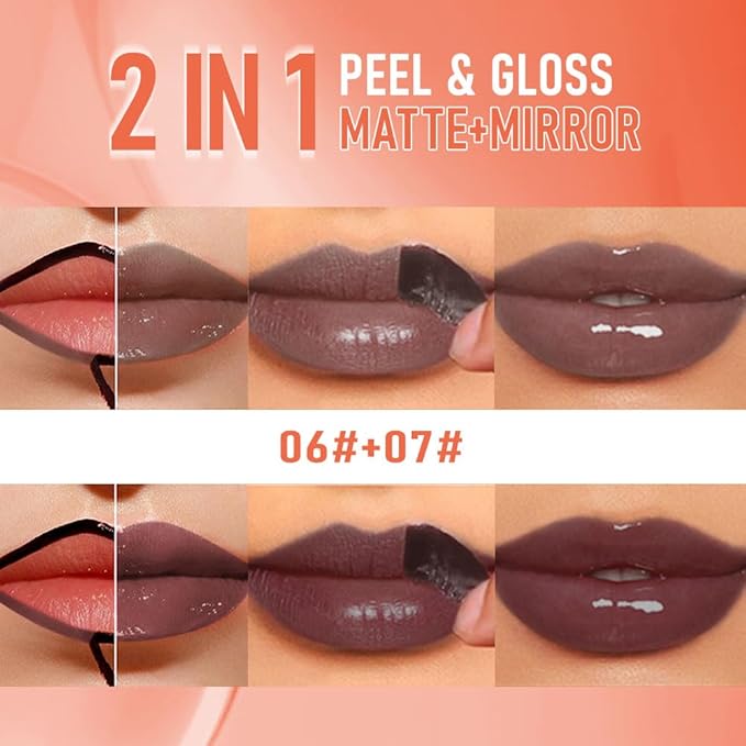 2Pcs Peel Off Lip Gloss Tattoo and Lip Oil 2-in-1, Lip Stain Peel Off Masque - Peel Off Lip Tint ,Long Lasting Waterproof Transfer-proof Lip Mask Lip Gloss Peel Off Lip Liner,Stay Lip Makeup 06#+07#-Velvo Beauty