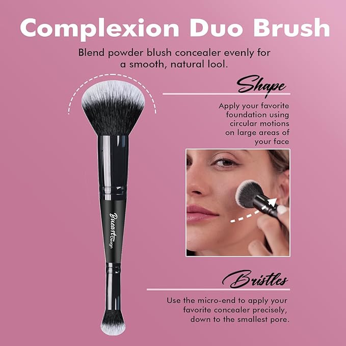 Bueart Design Complexion Duo Brush and Liquid & Bronzer Contour Makeup brushes set with ultra-soft dense hair Double-ended for Foundation Liquid Cream Concealer,Vegan and Cruelty-Free,M18-Velvo Beauty