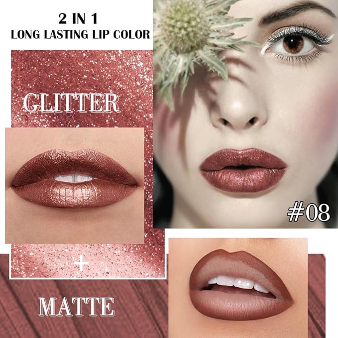 evpct Brown Bronze Metallic Glitter Lip Liner and Lipstick Combo Lip Gloss Stain Set Makeup for Women Long Lasting Waterproof 24, Hot Chocolate Metallic Shimmer Frosted Iridescent Liquid Lipstick 08-Velvo Beauty