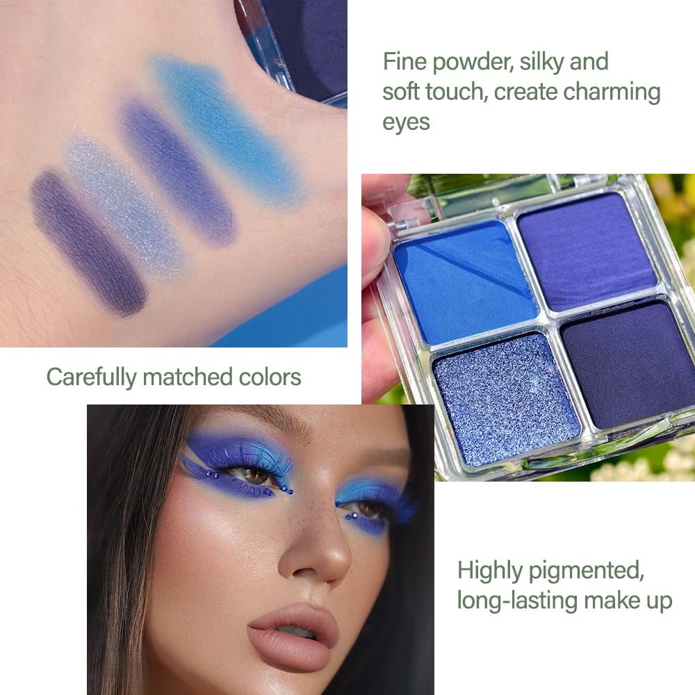 Navy Blue 4Colors Eyeshadow Makeup Palette,Royal Blue Natural Neutral Powde Eye Shadow Palettes for Older Women,Long Lasting Naturing-Looking,Lightweight,Waterproof,Eye Makeup Kit Travel Size,Vegan-Velvo Beauty
