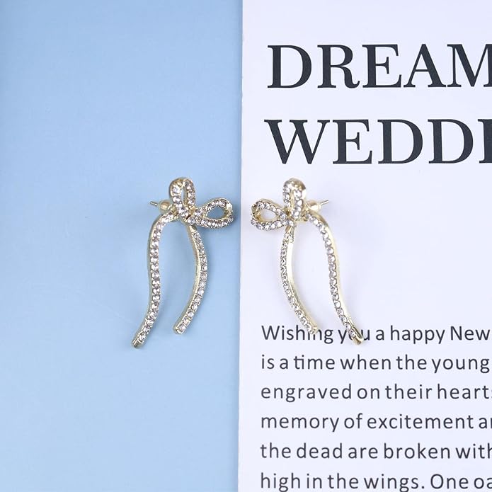 Vintage Crystal Bow Earrings Rhinestone Bow Drop Earrings Long Cz Rhinestone Earrings Gold Bow Cz Stud Earrings Jewelry for Women-Velvo Beauty