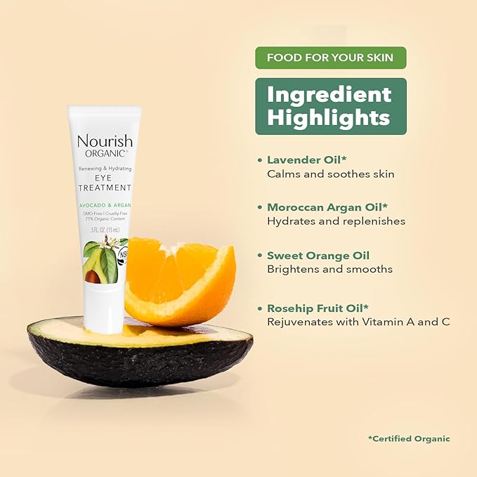 Nourish Organic Eye Treatment, Avocado & Argan – Renewing & Hydrating Under Eye Brightener with Vitamin C + Washable Cotton Round-Velvo Beauty