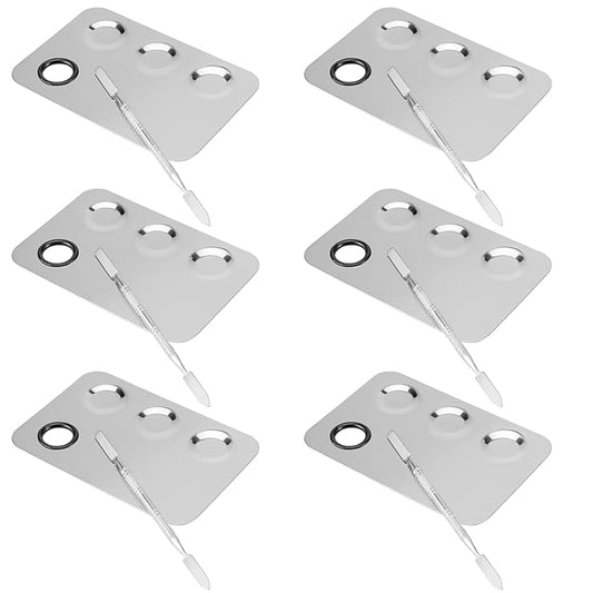6 Pack 6 x 4 Inch Stainless Steel Cosmetic Palette with Spatula, 3-well Mixing Makeup Palette Nail-art Mixer Metal Tray for Foundation, Pigment, Nail Polish Blending, Silver-Velvo Beauty