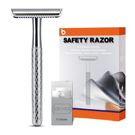 Shiny Silver Double Edge Safety Razor, Single Blade Razors for Men and Women, with 10 Stainless Steel Safety Razor Blades, Reusable, Smooth and Close Wet Shaving Kit, Plastic Free-Velvo Beauty