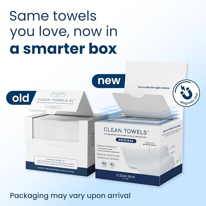 Clean Skin Club Clean Towels XL, 100% USDA Biobased Dermatologist Approved Face Towel, Disposable Clinically Tested Face Towelette, Facial Washcloth, Makeup Remover Dry Wipes, 100 ct, 2 pack-Velvo Beauty