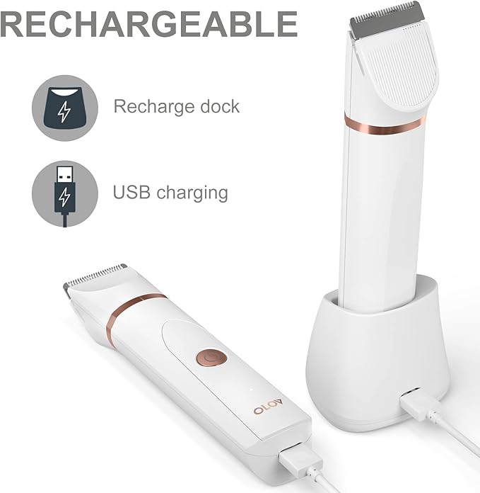 OLOV Electric Body Hair Trimmer - Groin Trimmer for Men - Bikini Trimmer Women - Wet/Dry Shaver Groomer, Replaceable Ceramic Blade Heads, USB Recharge Dock, Waterproof Hygiene Razor, White-Velvo Beauty