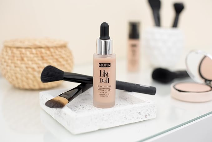 PUPA Milano Like A Doll Perfecting Make-Up Fluid Nude Look Foundation - Light Texture - Natural, Radiant Results - Nude Skin Effect - For All Skin Types - Blends Perfectly - Light Beige - 1.01 Oz-Velvo Beauty