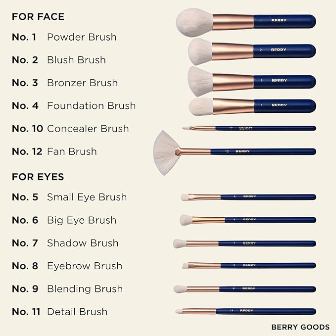 BERRY Blue Premium Makeup Brush Set – 12-Piece Professional Ultra-Soft Synthetic Brushes for Face & Eyes | Foundation, Powder, Blush, Concealer, Eyeshadow – Vegan, Cruelty-Free, Numbered, Travel Case-Velvo Beauty