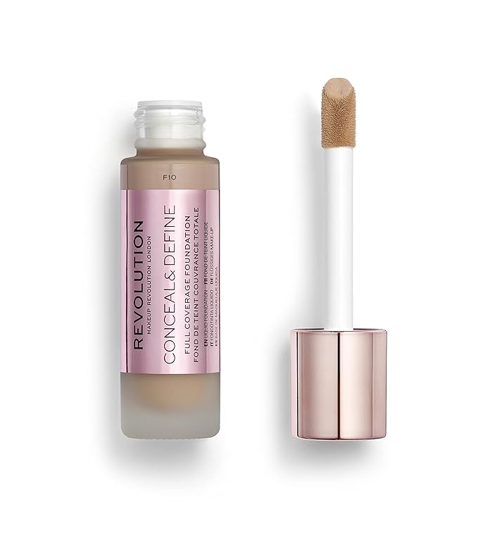 Makeup Revolution Conceal & Define Foundation, Cream Foundation Makeup, Full Coverage, For Medium Skin Tones, Vegan & Cruelty-Free, F10, 23ml-Velvo Beauty