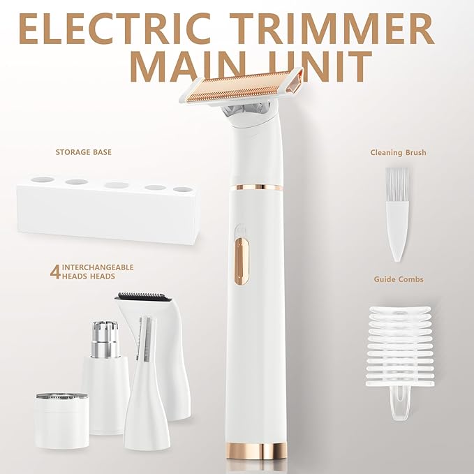 Women's 5-in-1 Electric Bikini Trimmer, USB-C Rechargeable Shaver & Trimmer for Body, Face & Nose – Painless Wet & Dry Shave (Keep Device Dry; Remove Blades for Cleaning)-Velvo Beauty