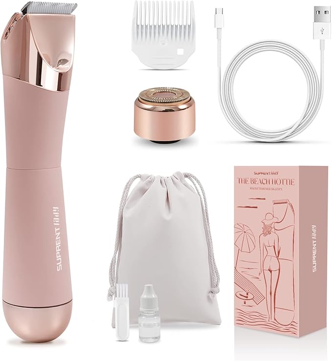 SUPRENT Bikini Trimmer Women- Painless Ladies Hair Removal Waterproof Wet & Dry- 2 in 1 Lady Shaver for Pubic Hair & Facial Hair- Cordless Electric Razors with USB-C Rechargeable-Pink-Velvo Beauty