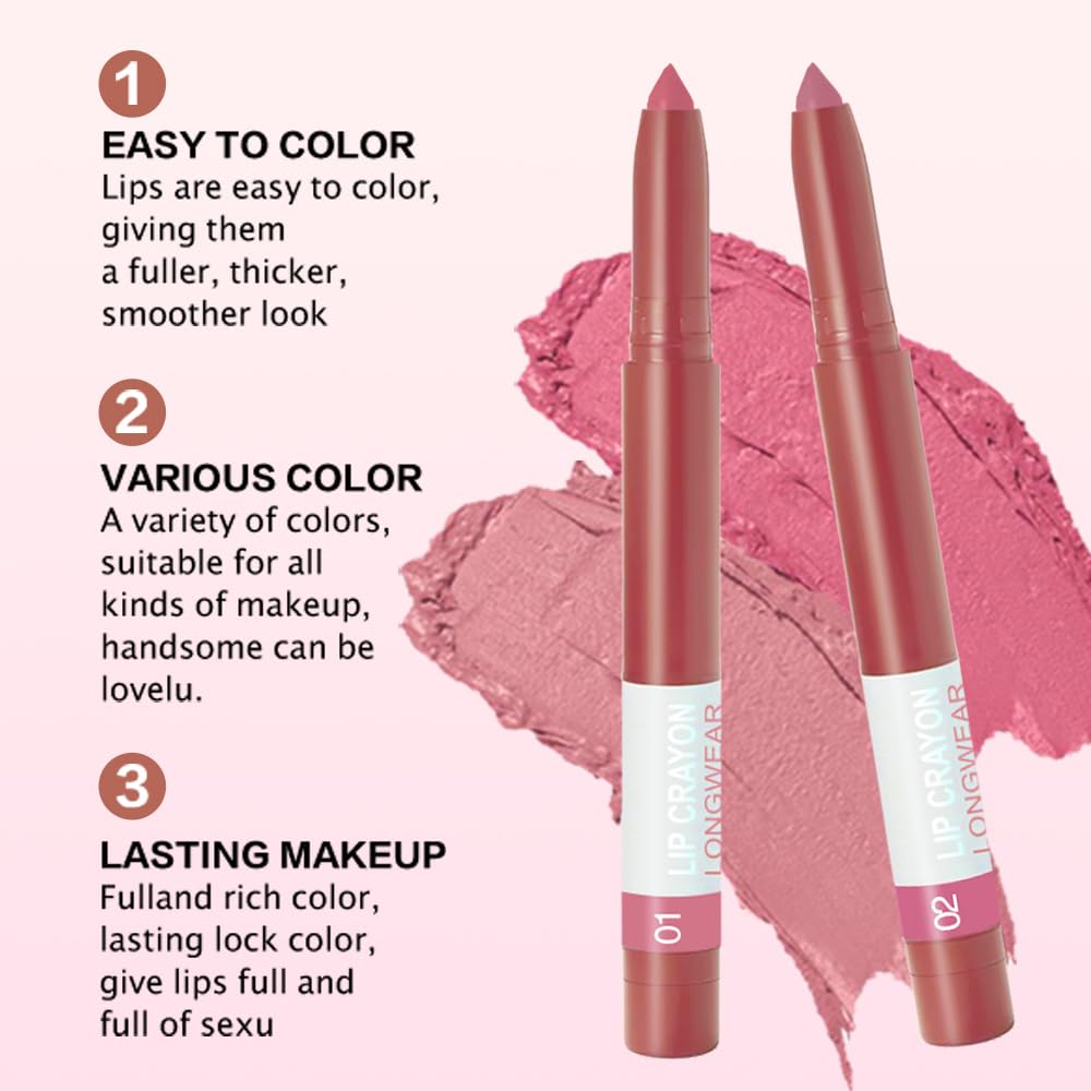 BINGBRUSH Matte Lip Crayon Set – Longwear, Waterproof, Velvet Finish, Built-in Sharpener, Smooth Lip Liner & Gloss (01#+02#, 2 Count (Pack of 1))-Velvo Beauty
