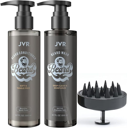 JVR Beard Wash and Beard Conditioner for Men, Beard Shampoo Cleanse and Reduces Frizz, Soften & Strengthens, Organic with Coconut, Aloe, Provides Shine for Dry & Coarse Beards, Beard Care (6.7oz)-Velvo Beauty