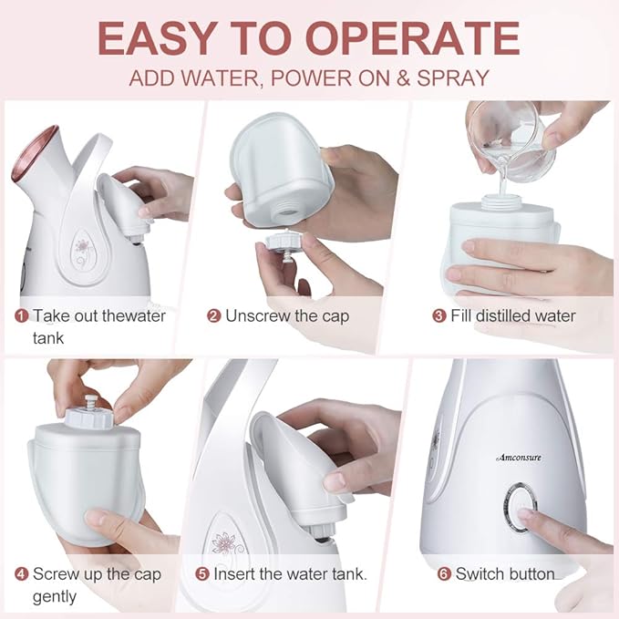 Facial Steamer, Amconsure Nano Ionic Face Steamer for Home, 100ML Warm Mist Humidifier for Women Moisturizing, Unclogs Pores-Bonus Stainless Steel Skin Kit and 2 Face Scrubbers-Velvo Beauty