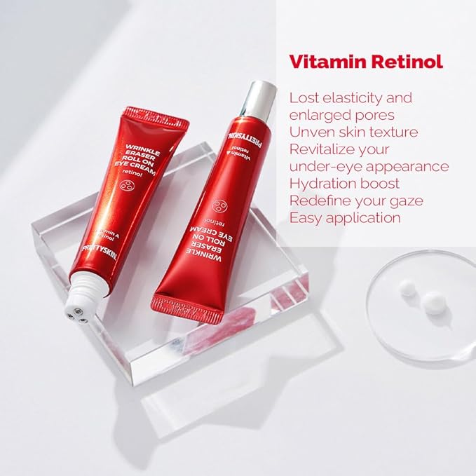 PS.PRETTYSKIN Roll On Eye Cream 30ml/1.01fl.oz. with Vitamin A and Stainless Steel ball Tip for Wrinkle Eraser and Elasticity (Retinol x 2CT)-Velvo Beauty