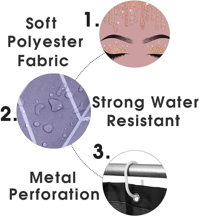 4PCS Hello Gorgeous Shower Curtain Set, Rose Gold Glitter Drip Bling Glam Diamond Crown Princess Unicorn Eyelash Girls Pink Bathroom Decor, Waterproof Fabric Shower Curtain Bath Mat Toilet Rug-Velvo Beauty