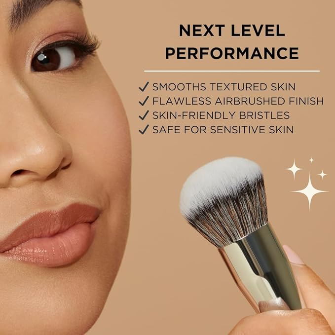 HALEYS Kabuki Makeup Brush + GWP Skin Tint Mini, VEGAN+CRUELTY-FREE, Sustainable Wood, Vegan Bristles for Airbrushed Finish, For Creams, Liquids, Powder, Streak-free, Perfect Blending, Buffs, Blurs-Velvo Beauty