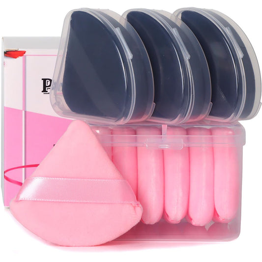 Ocim 10Pcs Powder Puffs for Face Powder,Soft Velour Triangle Beauty Puff,Makeup Pressed,Baking & Setting Powder Sponge Applicator Pads with Case,Black&Pink-Velvo Beauty