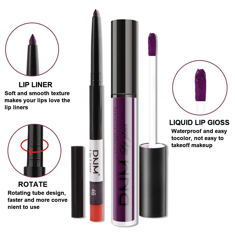 evpct 2Pcs Dark Deep Purple Matte Liquid Lipstick Lip Gloss Stain and Retractable Lip Liner Makeup Set for Women Long Lasting Waterproof 24 Hours Lipstick labial mate larga duracion 24 46#-Velvo Beauty