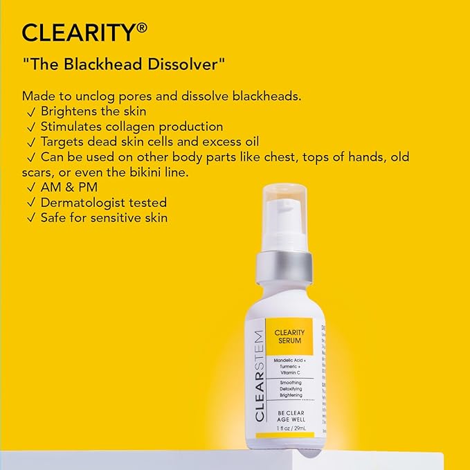 CLEARSTEM - CLEARITY The Blackhead Dissolver Mandelic Acid Serum - Vitamin C, Turmeric, Collagen Boost - All Skin Types - Facial Skin Care Products - Gluten Free, Cruelty Free - 1 fl oz / 29ml-Velvo Beauty