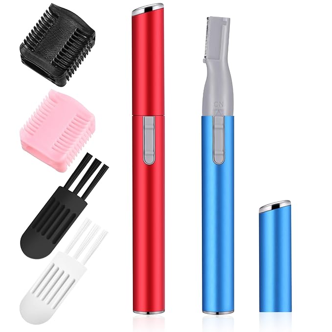 Chumia 2 Pcs Electric Eyebrow Trimmer Women Precision Face Razors Mini Shaver with Comb Christmas Women Gift Battery Operated Personal Epilator for Face Neck Fuzz Lips Leg(Red, Blue)-Velvo Beauty
