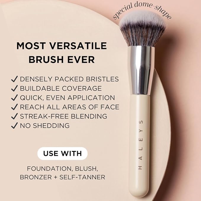 HALEYS Kabuki Makeup Brush + GWP Skin Tint Mini, VEGAN+CRUELTY-FREE, Sustainable Wood, Vegan Bristles for Airbrushed Finish, For Creams, Liquids, Powder, Streak-free, Perfect Blending, Buffs, Blurs-Velvo Beauty