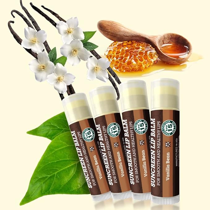 SPF Lip Balm 4-Pack by Earth's Daughter - Lip Sunscreen, SPF 15, Organic Ingredients, Vanilla Flavor, Beeswax, Coconut Oil, Vitamin E - Hypoallergenic, Paraben Free, Gluten Free-Velvo Beauty