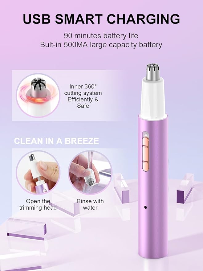 2025 Rechargeable Nose & Ear Hair Trimmer, Dual-Edge Blade Electric Clipper for Women Men, Facial & Eyebrow Hair Removal Tool, Powerful Motor, Painless, Easy to Clean, IPX7 Waterproof (Pink)-Velvo Beauty