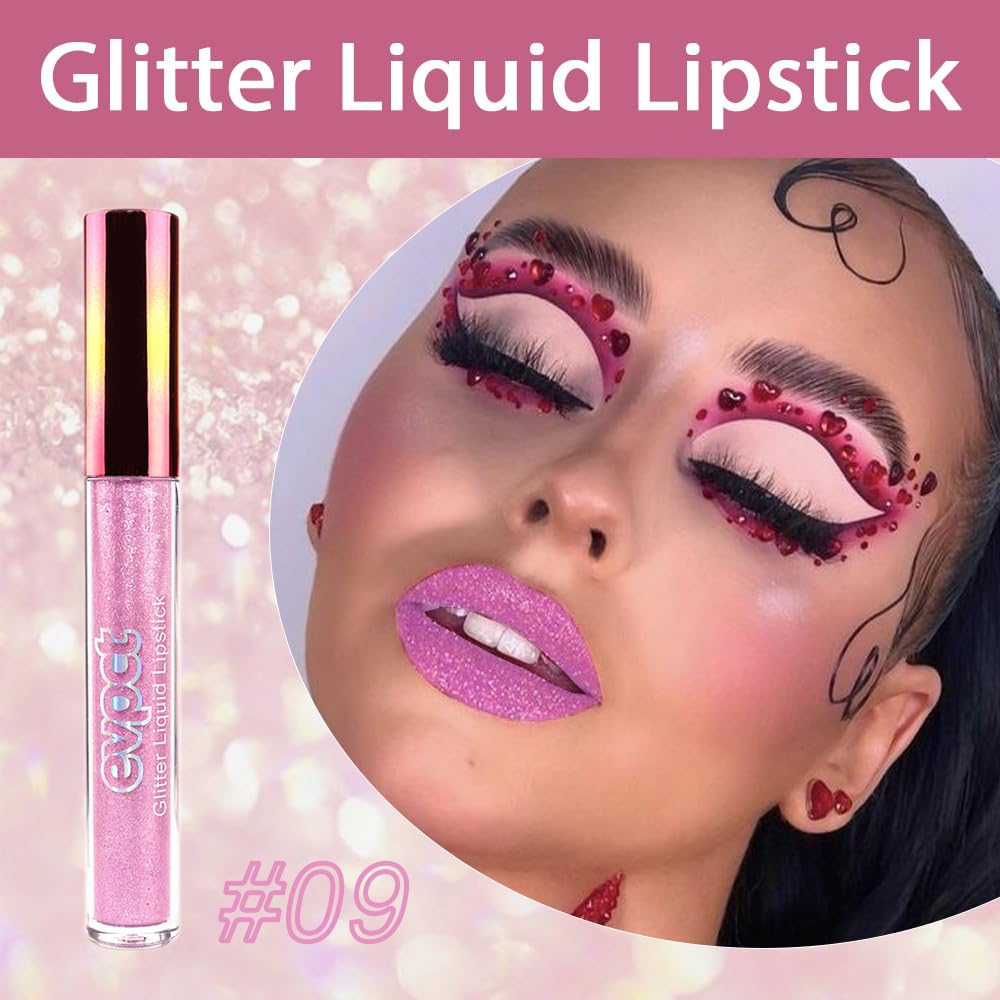 evpct 1Pcs Pink Glitter Metallic Shimmer Diamond Lipstick Lip Gloss for Women Long Lasting Waterproof, Light Bright Rose Pink Sparkle Glitter Matte Liquid Lipstick Lip Makeup Kit, 09#-Velvo Beauty