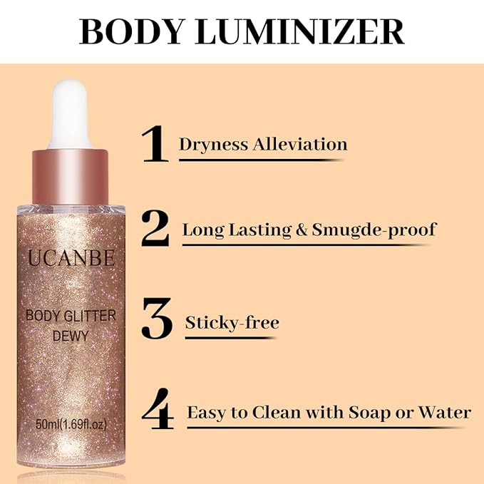 UCANBE Hydrating Body Glitter Dewy Highlighter Makeup Luminizer Drops Body Shimmer Liquid Face Glow Sparkles for Women Gifts (Rose Gold - 03)-Velvo Beauty