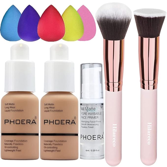 2 Pack PHOERA Foundation Sand 105 and Face Primer, Liquid Full Coverage Foundation Set, Foundation Brush Powder Brush,5 Makeup Sponge, 24HR Matte Oil Control Concealer (2pcs 105 Sand)-Velvo Beauty