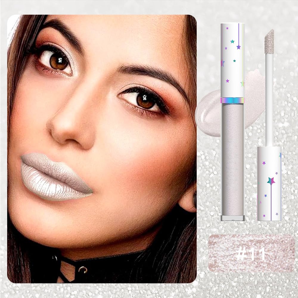 evpct 1Pcs Silver White Metallic Glitter iridescent Liquid Lipstick for Women Long Lasting Waterproof 24, Gray Silver frosted Metallic Glitter Shimmer Chrome Lipsticks Lip Gloss Stains Makeup Set, 11-Velvo Beauty