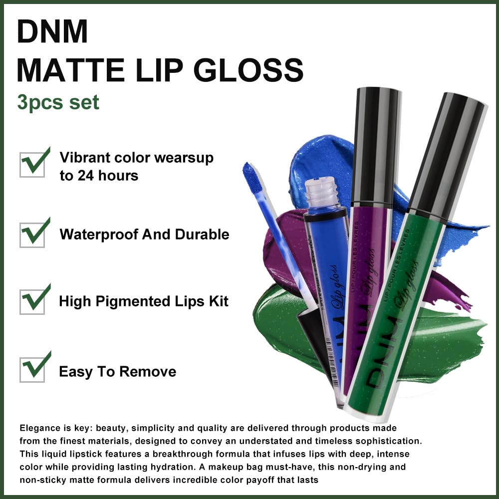evpct 3Pcs Dark Blue Emerald Green Purple Matte Liquid Lipstick Lip Stain Sets for Women Matte+Lipstick Long Lasting 24 hr Hours Magic Lipstick 24 Hours original Waterproof 21#-Velvo Beauty