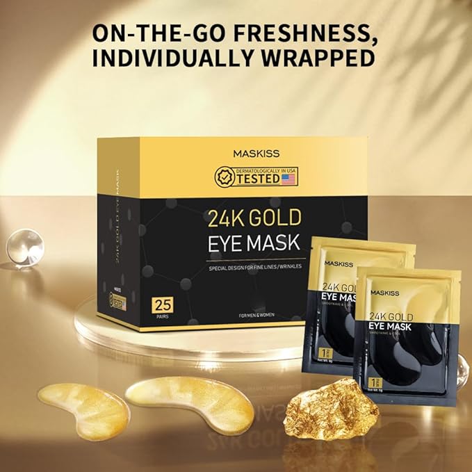 24k Gold Under Eye Patches (25 Pairs), eye mask, Collagen Skin Care Products, Eye Patches for Puffy Eyes, eye masks for dark circles and puffiness-Velvo Beauty