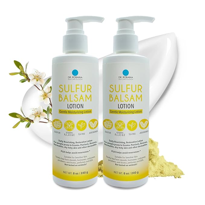 Dr. Robaina Sulfur Balsam Lotion – Lightweight Moisturizer for Dry, Flaky & Itchy Skin – Calms Redness, Supports Skin Barrier & Locks Hydration – Shea Butter & Tea Tree – 8 fl oz, USA Made-Velvo Beauty