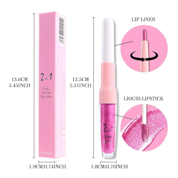 evpct Hot Pink Metallic Glitter Lip Liner and Lipstick Combo Lip Gloss Stain Set Makeup for Women Long Lasting Waterproof 24, Rose Pink Frosted Metallic Shimmer Glossy iridescent Liquid Lipstick 07-Velvo Beauty