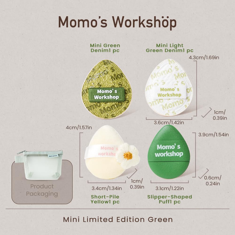 Mini Denim Makeup Sponge Set,Mini Makeup Blenders Sponge for Concealer/Blush/Highlighter, Perfect for Detail Work & Travel,4pcs Green Mini Concealer Puffs with Travel Pouch-Velvo Beauty