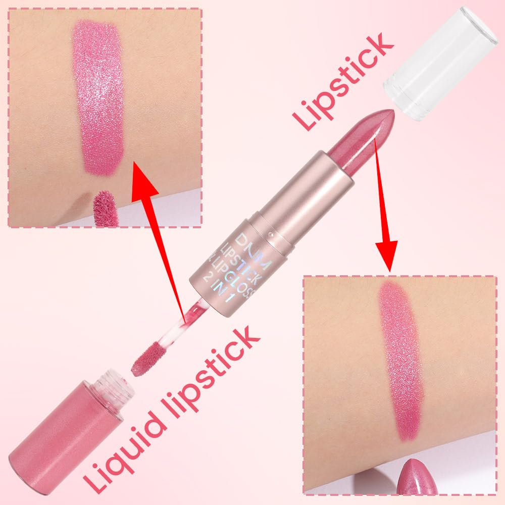 evpct 2 in 1 Rose Pink Glitter Metallic Shimmer Diamond Lipstick and Lip Gloss Set for Women Long Lasting Waterproof, Baby Nude Pink Sparkle Glitter Shiny Lipstick and Lip Liner Makeup Set, 06#-Velvo Beauty
