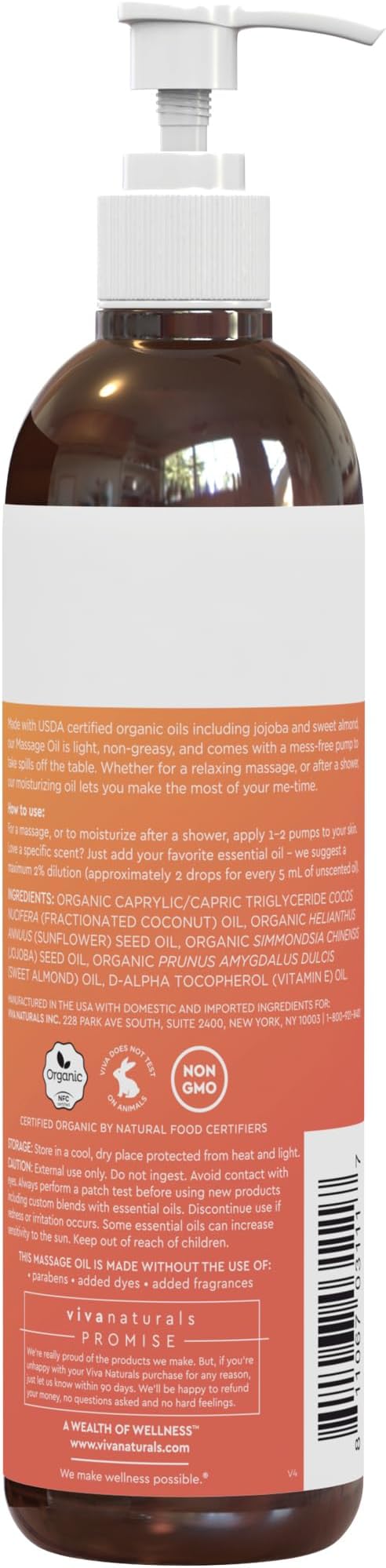 Viva Naturals Organic Massage Oil Unscented (8 fl. oz.) - Non-Greasy Body Oil with Mess-Free Pump, Moisturizing Massage Oils for Massage Therapy, Non-GMO and Certified Organic, 237 mL-Velvo Beauty