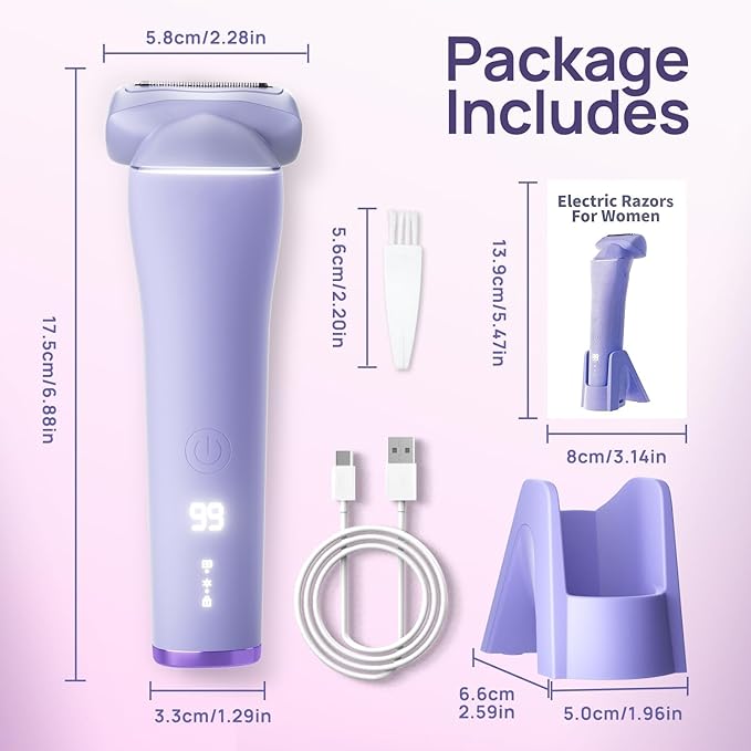 Buqikma Bikini Trimmer for Women - Painless Rechargeable Electric Razor Silk-Smooth Pubic Hair Trimmer Ipx6 Waterproof & Bikini Shaver with Charge Dock for Full Body with Ceramic Blade, Purple-Velvo Beauty