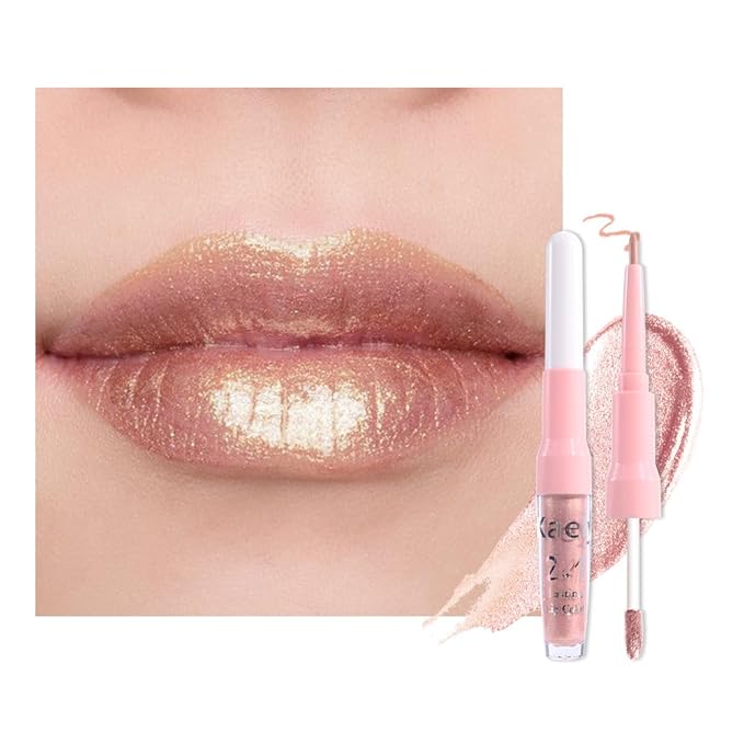 evpct Champagne Gold Metallic Glitter Lip Liner and Lipstick Combo Lip Gloss Stain Set Makeup for Women Long Lasting Waterproof 24, Blonde Frosted Metallic Shimmer Glossy iridescent Liquid Lipstick 05-Velvo Beauty