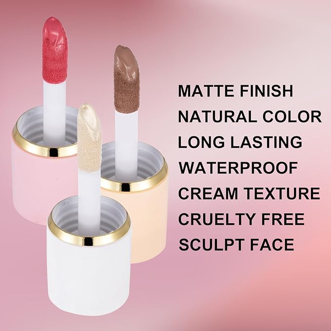 3Pcs Liquid Contour Makeup Trio with Bronzer Shade, Blush, Highlighter for Sculpted Makeup, Matte Finish Liquid Contour Set Easy to Create a Lightweight Look, Longwear Waterproof Formula (4, 7, 12)-Velvo Beauty