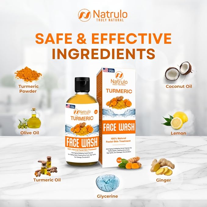 Natrulo Turmeric Face Wash, 4oz Clear Skin Liquid Soap – 100% Natural Anti Aging Exfoliating Turmeric Facial Cleanser for Fading Spots, Clearing Acne Scars, Age Spots, Sun Damage, Discoloration-Velvo Beauty