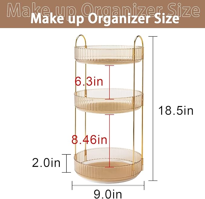 Rotating Makeup Organizer for Vanity, High-Capacity Skincare Clear Make Up Storage Perfume Organizers Cosmetic Dresser Organizer Countertop 360 Spinning (Gold, 3 Tier)-Velvo Beauty