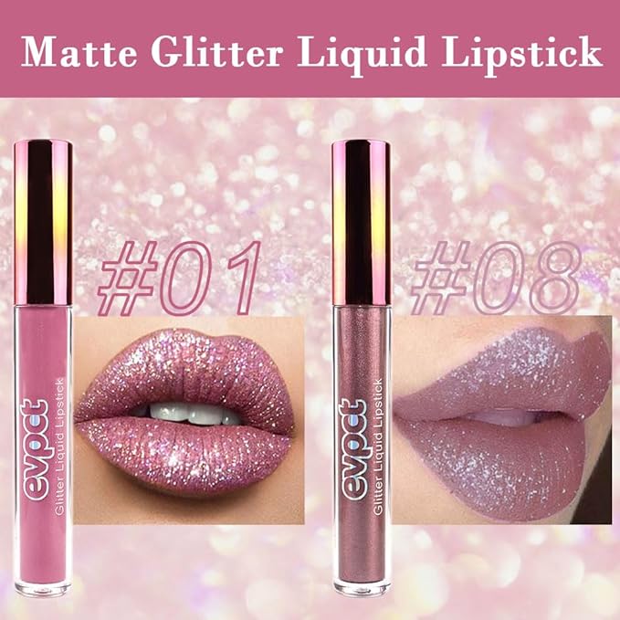 evpct 2Pcs Mauve & Taupe Mauve Glitter Metallic Shimmer Diamond Lipstick Lip Gloss Stain Set for Women Long Lasting Waterproof, Purple Sparkle Glitter Matte long Wear Liquid Lipstick Lip Makeup Kit-Velvo Beauty