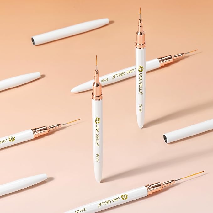 UNA GELLA Nail Art Brushes Metallic, Liner Pens Set For Nail Art Gel Polish, 5Pcs White Color, Detail Nail Art Design Painting Brush Set For Nails Gel Fine Drawing Nail Tools, Sizes 7/9/11/15/25mm-Velvo Beauty