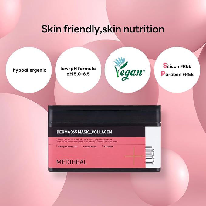 Mediheal Derma 365 Collagen Mask (30 Masks) - Daily Skin Care Mask for Firm Moisturizing to Lift Skin with Collagen Active 3X-Velvo Beauty