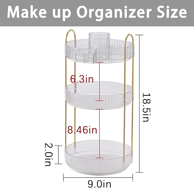 Rotating Makeup Organizer for Vanity, High-Capacity Skincare Clear Make Up Storage Perfume Organizers Cosmetic Dresser Organizer Countertop 360 Spinning (Clear, New-3 Tier)-Velvo Beauty