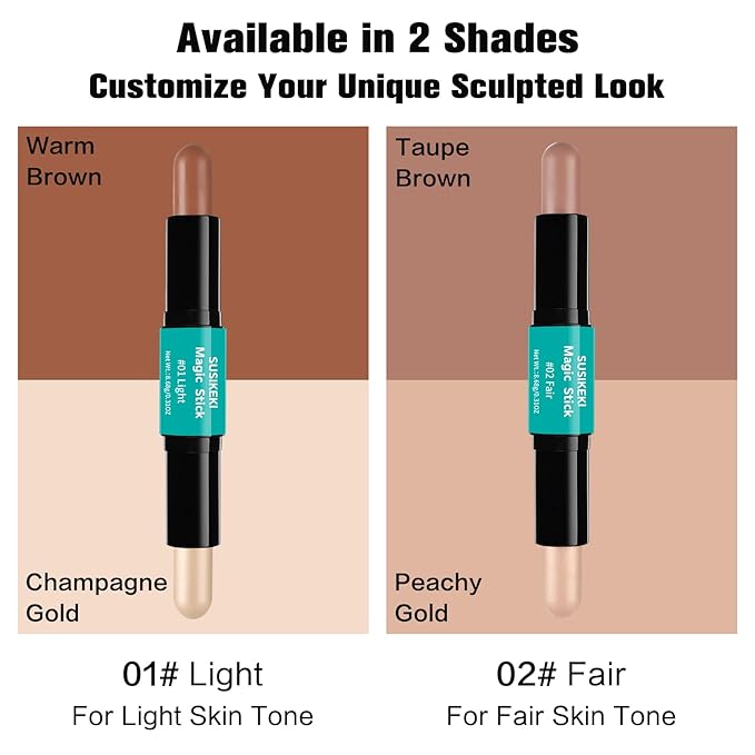 Contour Stick, 2Pcs Dual-Ended Highlighter Makeup Pen & Contouring Stick for Face Shaping, Long Lasting Waterproof Cream Bronzer & Highlight Sticks Make Up Kit for All Skin Tones (01# + 02#)-Velvo Beauty