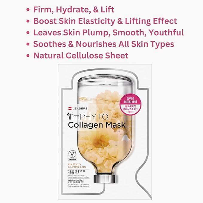 I'MPHYTO Leaders Facial Mask 10 Sheet Collagen Vegan Mask | Plant-Derived Collagen | Elasticity & Lifting Skin Care | Certified Vegan | Intensive Hydration | Natural Cellulose Sheet-Velvo Beauty